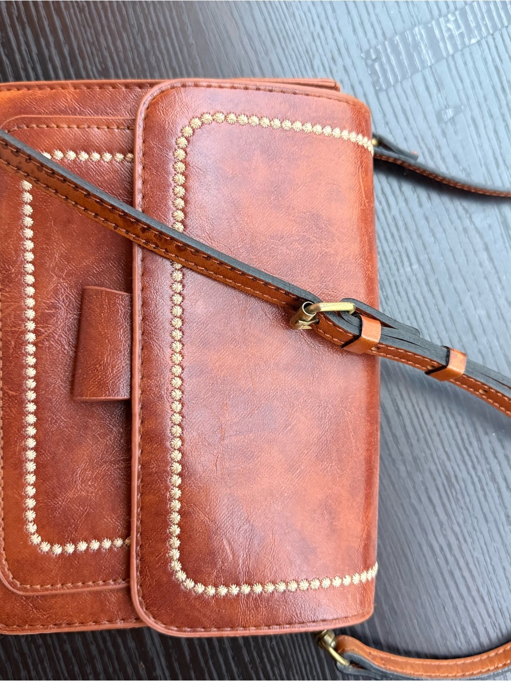 Brown Leather Crossbody Bag with Gold Stitch Detailing